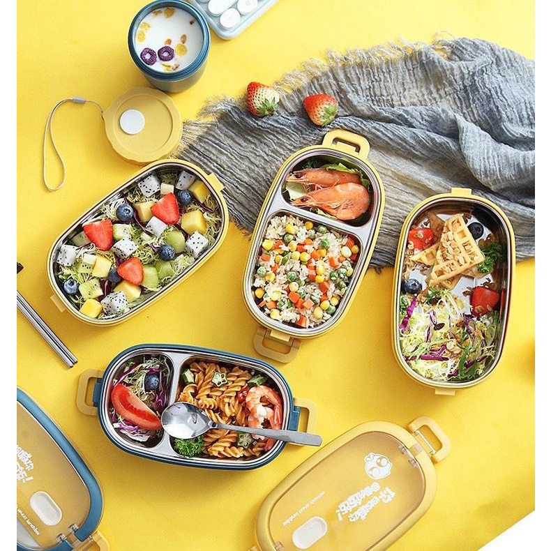 Hộp đưng cơm giữ nhiệt inox 304 văn phòng,2 tầng vỏ nhựa lúa mạch picnic tặng kèm bộ đũa thìa