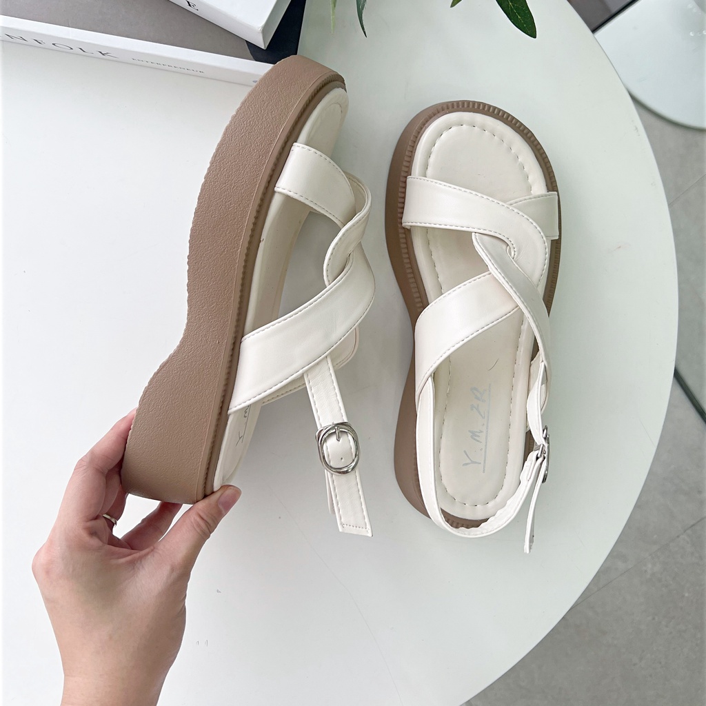 Giày sandal nữ ulzzang đế xuồng chéo trơn 3p hai quai ngang nhún đế mềm nữ Shoes Paradise SD014