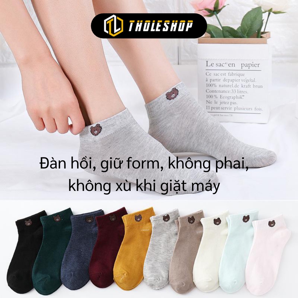 Tất Gấu - Combo 10 Đôi Vớ Nữ Cổ gắn Họa Tiết Gấu Brown Kèm Túi Đựng Tiện Lợi 8144