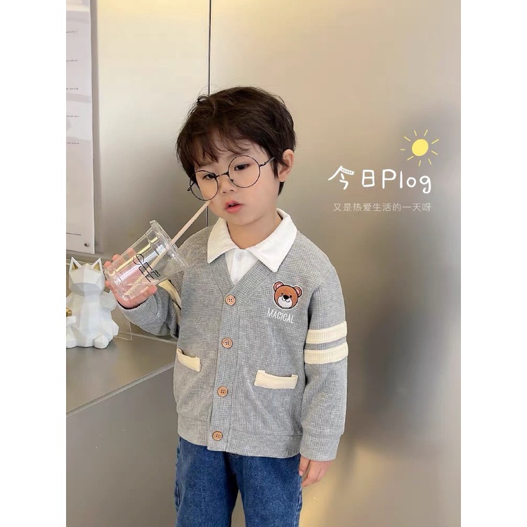 Áo khoác nỉ cho bé trai Cadigan Gấu thêu, Áo dài tay thu đôngcho bé trai diện đẹp dễ thương 8-20kg