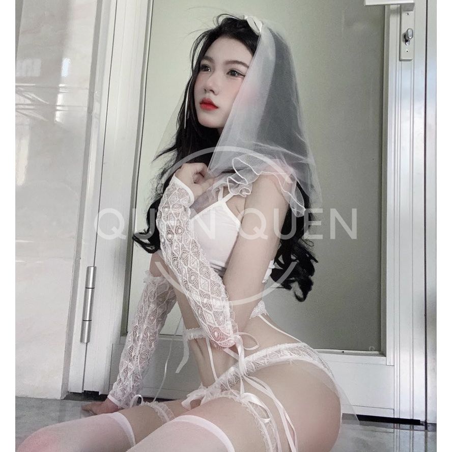 Đồ ngủ sexy nữ cosplay sexy đồ lót nữ cô dâu Quenquen Store ren, nơ màu trắng đen freesize D1 | BigBuy360 - bigbuy360.vn