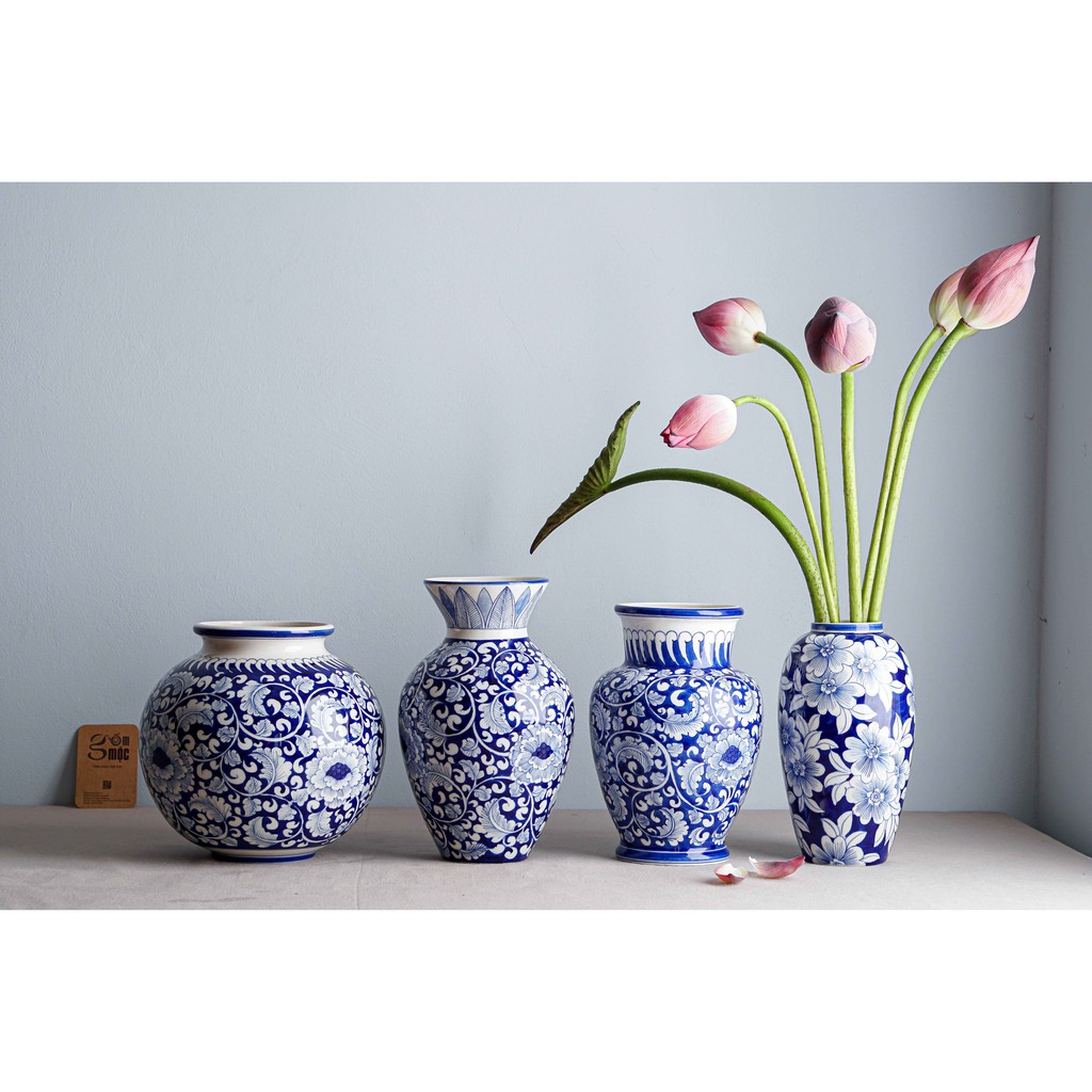 Bình hoa men trắng vẽ hoa phù dung dáng cao, cổ thắt, gốm Bát Tràng