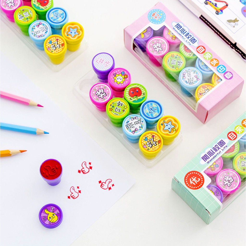 Combo 10 con dấu khắc khen thưởng độc đáo - Con dấu mực nhiều màu dễ thương cho học sinh