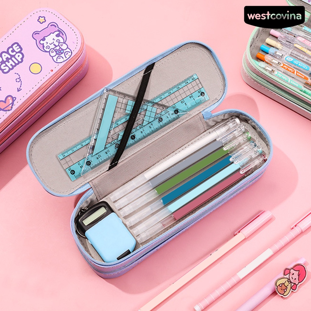 [Hot]✍Túi Đựng Bút Hai Lớp Bằng Da Giả Có Khóa Kéo Kích Thước Lớn