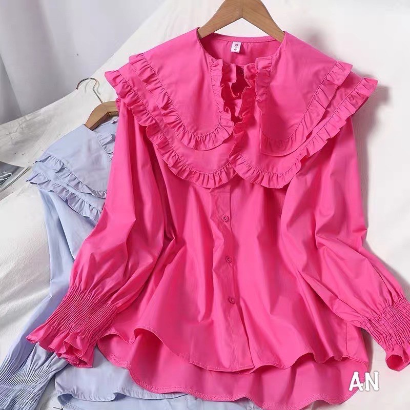 Áo Sơ Mi Doll Cổ Bèo Gập To Dáng Giấu Quần 2 Màu Xanh Trắng