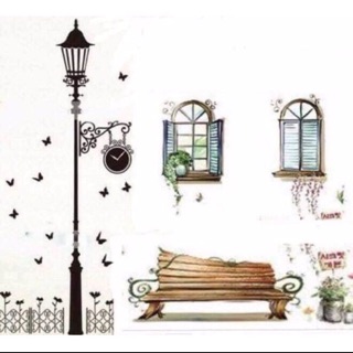 Combo 2 bức decal dán tường kết hợp cột điện và cửa sổ xưa