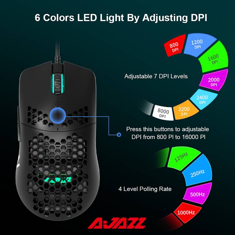 Ajazz AJ390 / AJ390R Chuột chơi game có dây USB 6 nút Chuột nhẹ 16000DPI RGB có thể lập trình cho máy tính xách tay chơi game máy tính xách tay