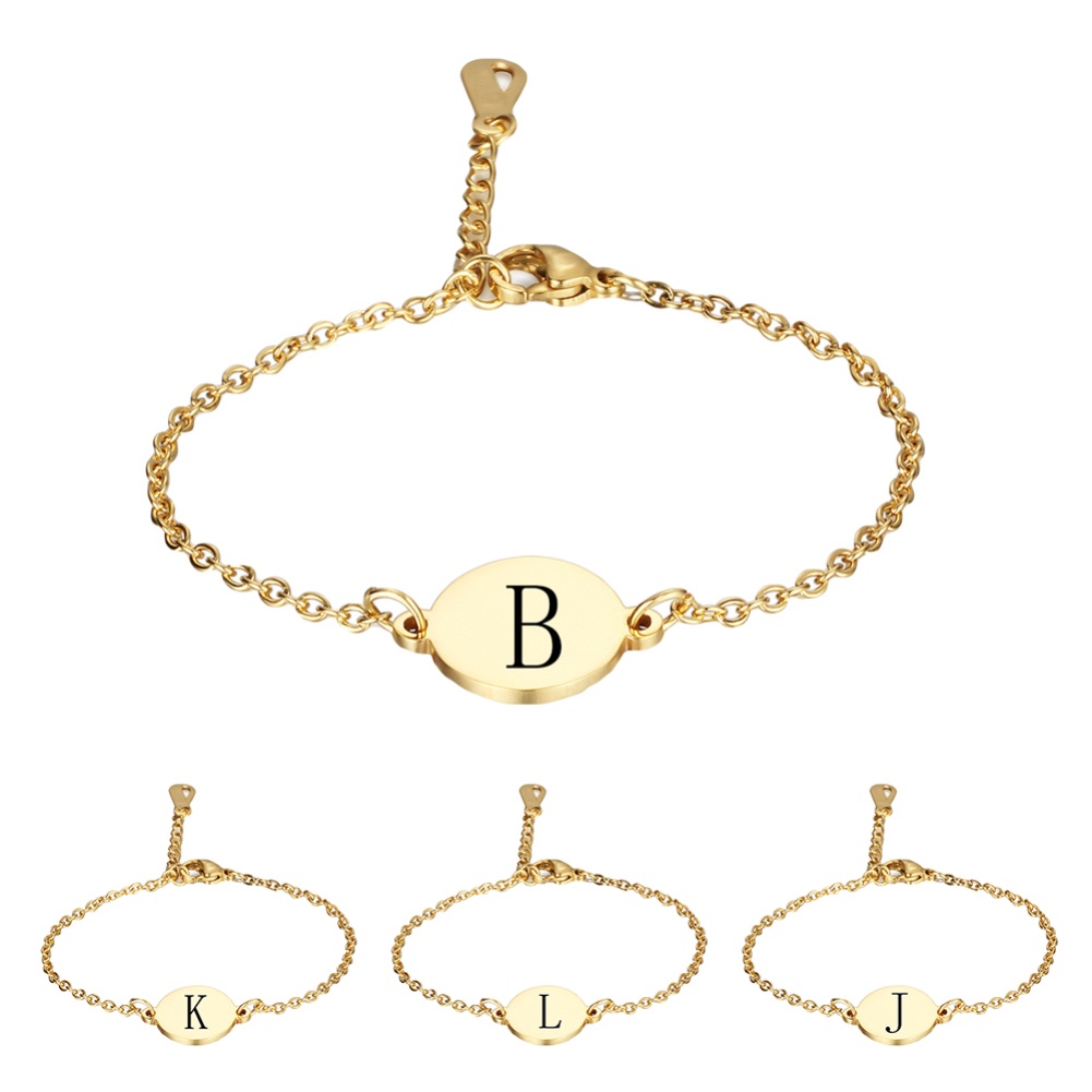 Vòng tay mặt hình tròn khắc chữ cái tiếng Anh bằng thép titan thời trang cho nữ