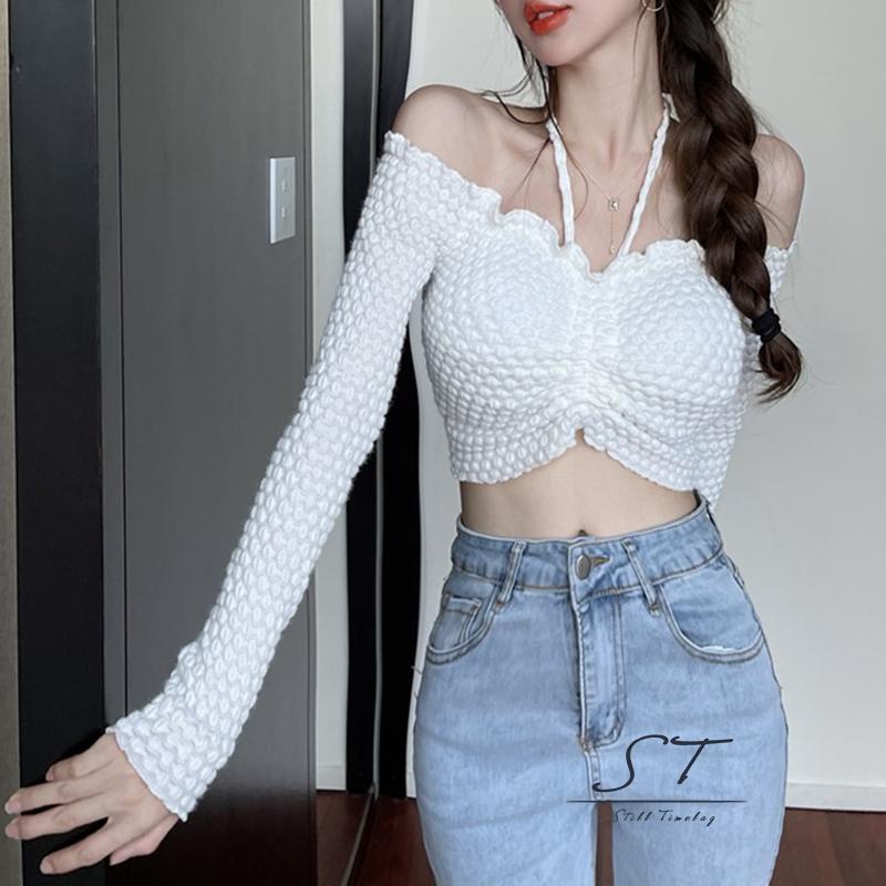 Áo croptop tay dài trễ vai màu sắc trẻ trung cho nữ
