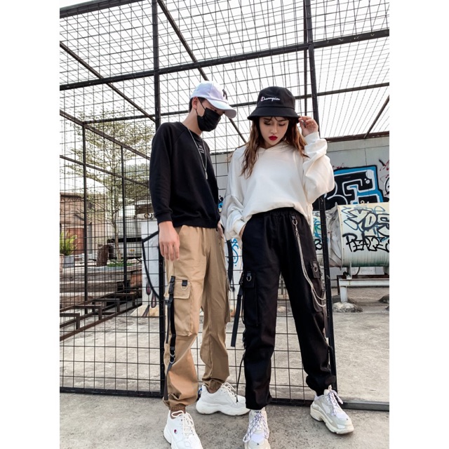 Quần jogger unisex kaki túi hộp phối khóa dây đai kèm xích dài sành điệu (Ms B15)