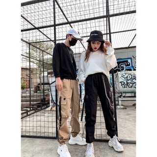 [SẴN KAKI, ĐEN] Quần jogger unisex kaki túi hộp phối khóa dây đai kèm xích dài sành điệu (Ms B15)