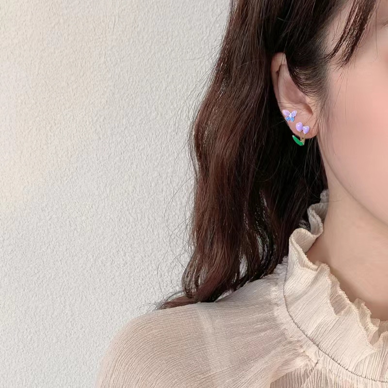 Khuyên Tai Xỏ Lỗ Họa Tiết Trái Cây/Hoa/Bướm Đơn Giản Nhiều Màu Cho Nữ