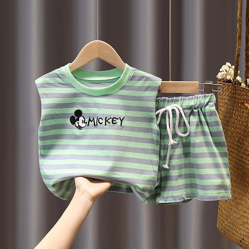 Bộ Quần Áo Ba Lỗ Cotton Kẻ Cho Bé Trai Và Bé Gái Hình Mickey Từ 8 -28Kg Ken Store