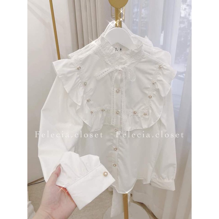 Áo sơ mi bánh bèo cổ ren bèo cúc ngọc, áo kiểu cổ nơ tiểu thư cho nữ hàng Quảng Châu SA718 HOASUMO