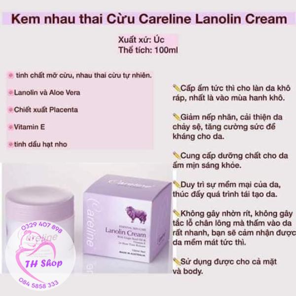 Kem Dưỡng Da Nhau Thai Cừu Careline Úc 100ml Dưỡng Trắng Da, Chống Lão Hóa, Ngừa Chảy Xệ Và Các Vết Sạm Hiệu Quả