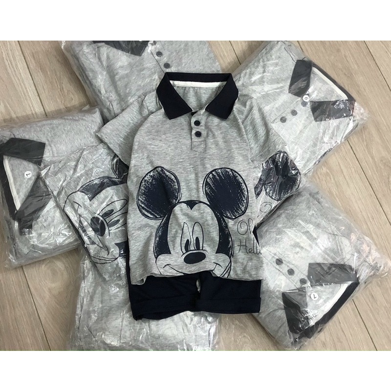 Bộ cộc tay có cổ Mickey cho bé trai màu ghi size từ 12-24 cân