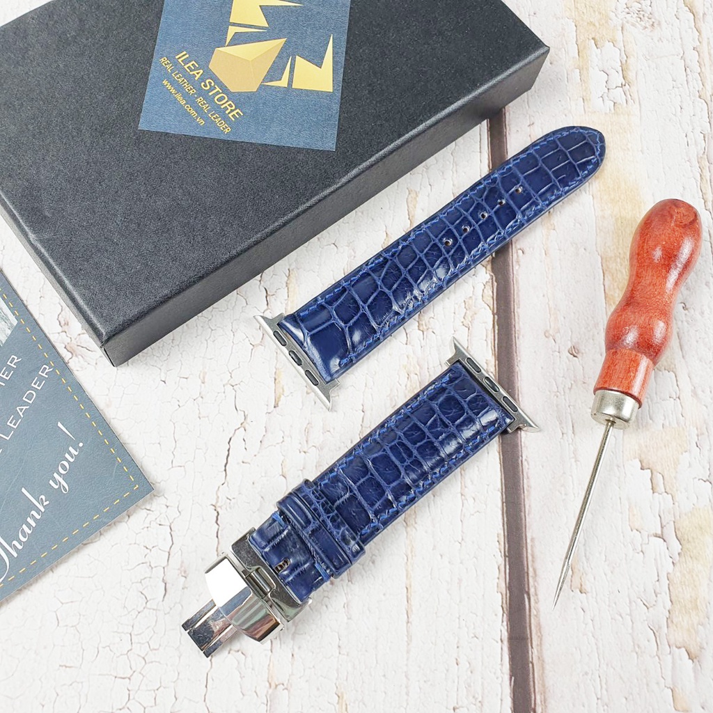 Dây đồng hồ da cá sấu thật may thủ công handmade AL118VB xanh navy  - 100% da cá sấu thật