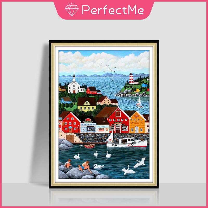 Mới Bộ Tranh Đính Đá 5D Tự Làm Hình Ngôi Nhà Trên Bãi Biển 30x40cm