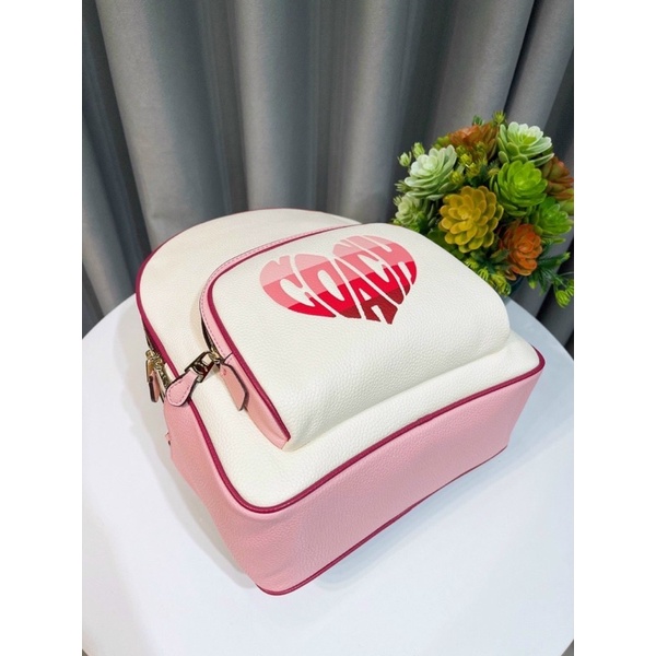 TNS-Balo nữ form vuông siêu  Court backpack--tone trắng tim hồng motif trendy