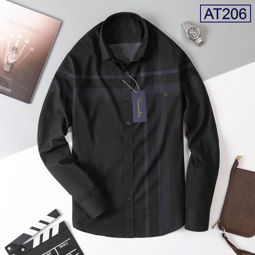 Áo Sơ Mi Nam Công Sở Trung Niên ANTON SOMIANTON Màu Xám Đen Họa Tiết Kẻ Sọc Trắng Slimfit Cotton - XAT206