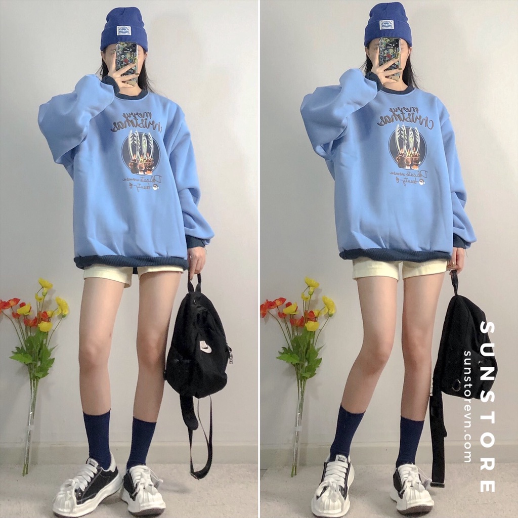 Áo sweater nỉ tay dài mặc ấm 2 màu xanh dương và vàng Ulzzang