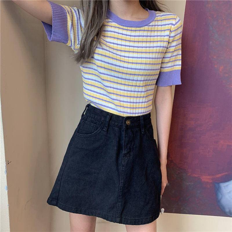 Áo Thun Dệt Kim Tay Ngắn Dáng Ôm Họa Tiết Kẻ Sọc Thời Trang Cho Nữ