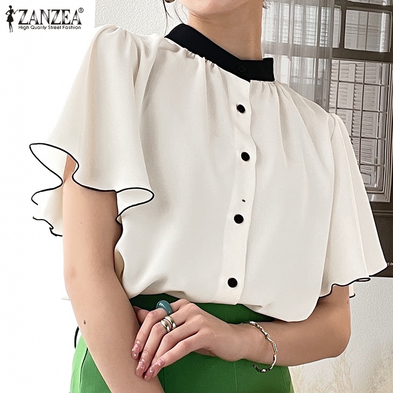 ZANZEA Áo Kiểu Cổ Tròn Tay Lỡ Phối Bèo Màu Tương Phản Thời Trang Thanh Lịch Cho Nữ