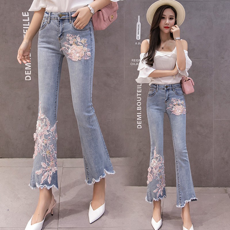 Quần jean ống loe kết hợp hoa vải voan hàng độc lạ không đụng hàng 120