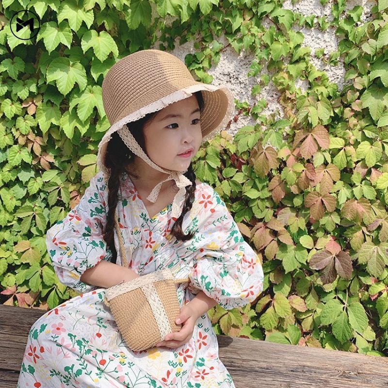 BỘ NÓN CÓI KÈM TÚI ĐI BIỂN HỌA TIẾT CHỮ T CÓ VÀNH CHO BÉ GÁI