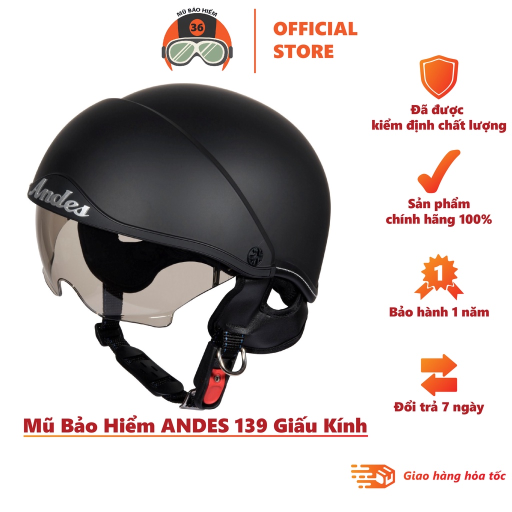 Mũ bảo Hiểm nửa đầu 1/2 ANDES 139 chính hãng có kính ẩn - Tháo Được Lót/Giấu Kính
