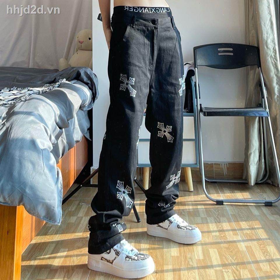 Quần jean ống suông in họa tiết phong cách hip hop đường phố thời trang âu mỹ cho nam nữ