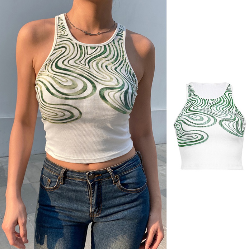 Áo Croptop Dệt Kim Không Tay Cổ Tròn Phong Cách Harajuku Gợi Cảm Cho Nữ