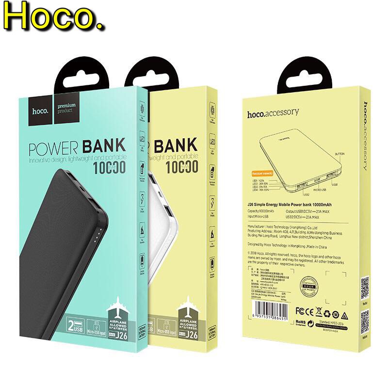 Pin sạc dự phòng Hoco J26 Simple energy 10000mAh 2 cổng sạc (2 MÀU) - HÀNG CHÍNH HÃNG