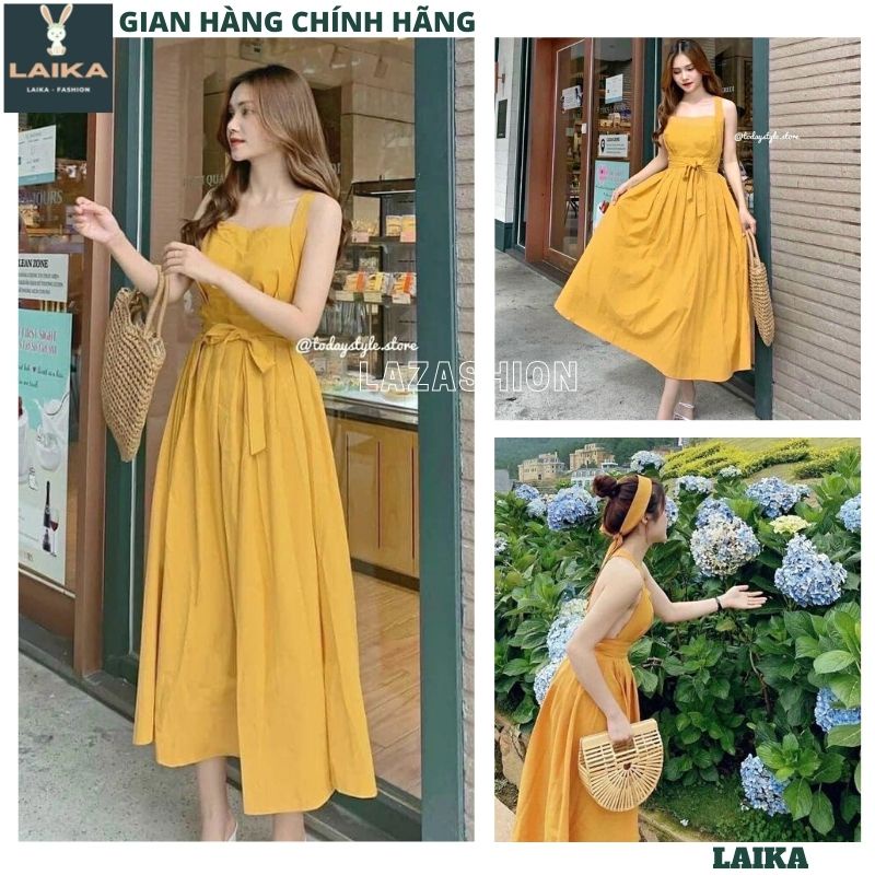 Váy maxi đi biển đan dây chéo lưng mầu vàng cực xinh kiểu dáng hàn quốc -LAIKA