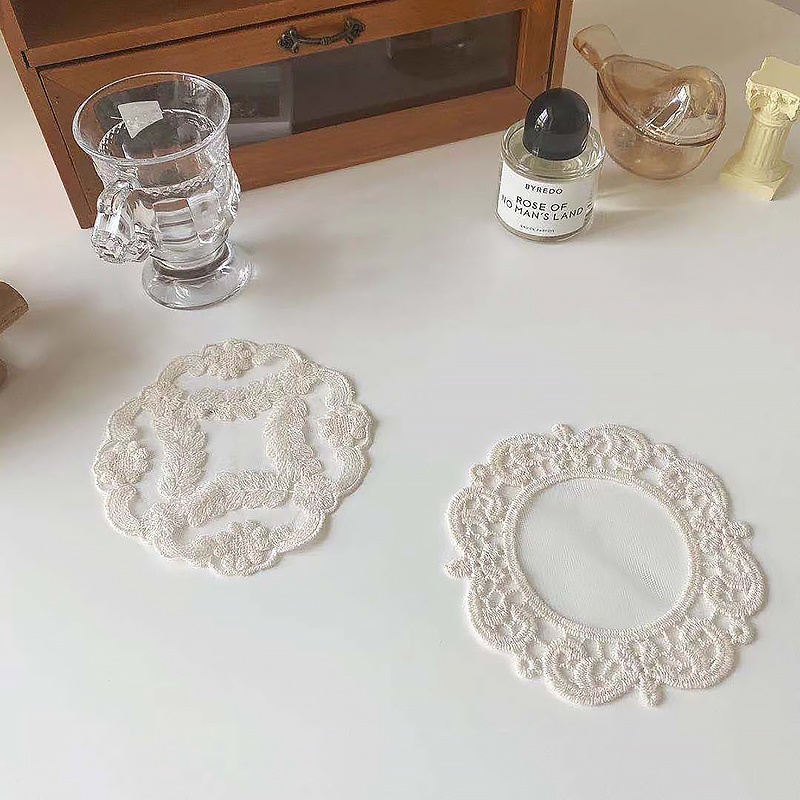 Miếng Lót Ly Chống Trượt Phối Ren Trắng Kiểu Retro Dễ Thương