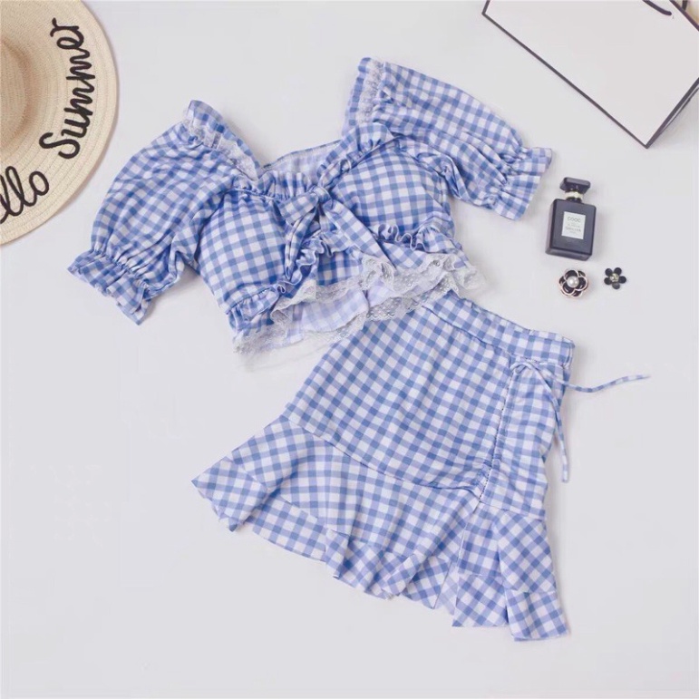 Bikini Đi Biển 2 Mảnh Đồ Bơi Dạng Váy LUHAZO Sang Chảnh Cao Cấp Kẻ Caro Xanh 8209 B-25