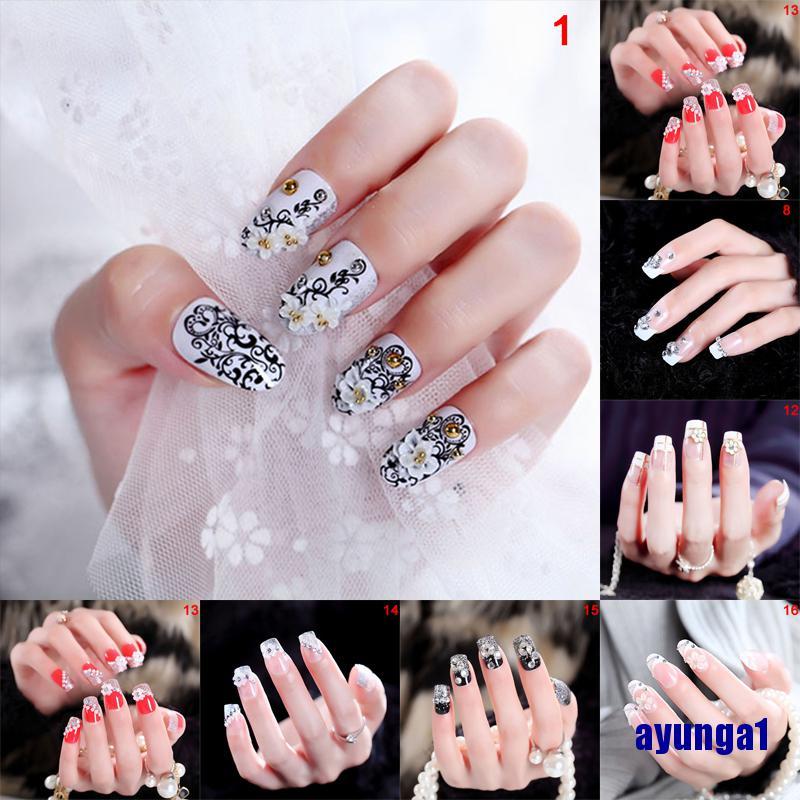 [Hàng mới về] Bộ 24 móng tay giả màu trong suốt trang trí hoa xinh xắn thích hợp cho cô dâu diy