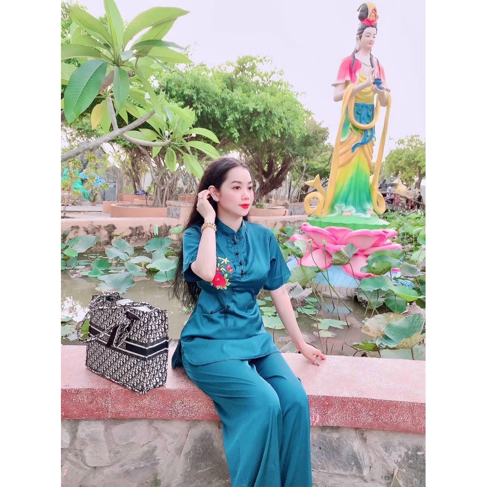 Đồ Lam Đi Chùa Mẫu thêu hoa Quần Áo Nữ