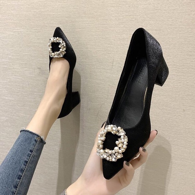 (HÀNG CÓ SẴN) Giày cao gót 5cm nhũ lụa mềm đá vuông BIG SIZE 35-43