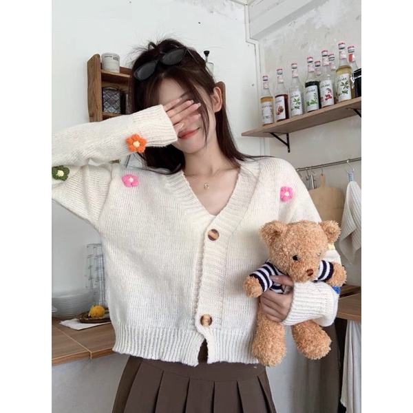 Áo Khoác Cadigan Hot Hit Áo Khoác Len Hoa Nổi Chuẩn Xịn Kèm Ảnh Thật 2 màu dưới 65kg