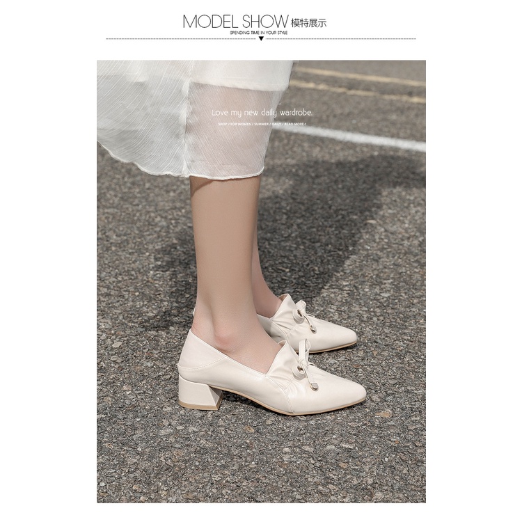 Giày Cao Gót Da Mũi Nhọn Đính Nơ Phong Cách Anh Quốc Thời Trang Thu Đông Dành Cho Nữ 2022