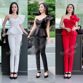 Set dài lêch vai tay bèo bèo eo che bung