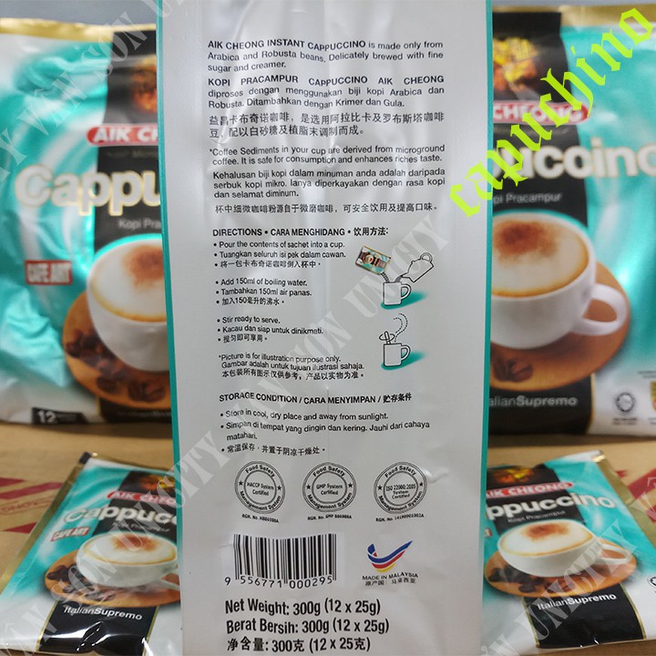 CÀ PHÊ TRẮNG AIK CHEONG CAPPUCCINO 12 Gói*25g WHITE COFFEE MALAYSIA