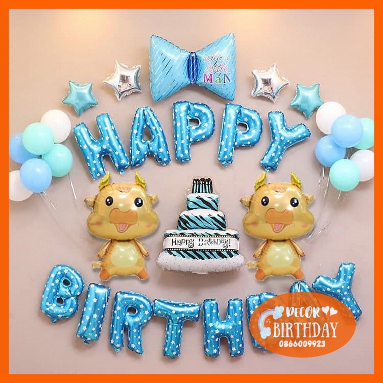 Set Trang Trí Sinh Nhật TUỔI TRÂU Cho Bé Trai, Bóng Y Hình Tặng Kèm Đồ Bơm Băng Dính Bóng