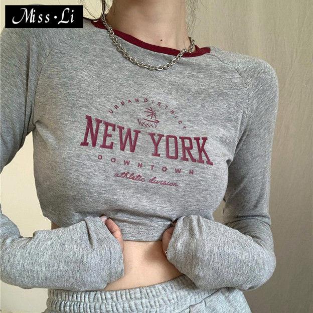 Hàng Có Sẵn Bán Chạy~ins Áo Thun Ôm Dáng Tay Dài Ôm Ngực Ngực Ngắn Xuân Thu Xuân Thu Phong Cách Âu Mỹ Cho Nữ Sinh