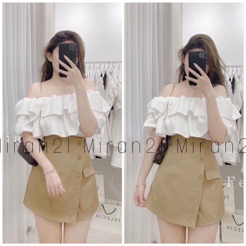 [Mã WAMT1505 giảm 10K đơn 0K] 🍂 Set chân váy kaki vạt lệch kèm áo đũi trễ vai 2 tầng( Ảnh thật, sẵn hàng)