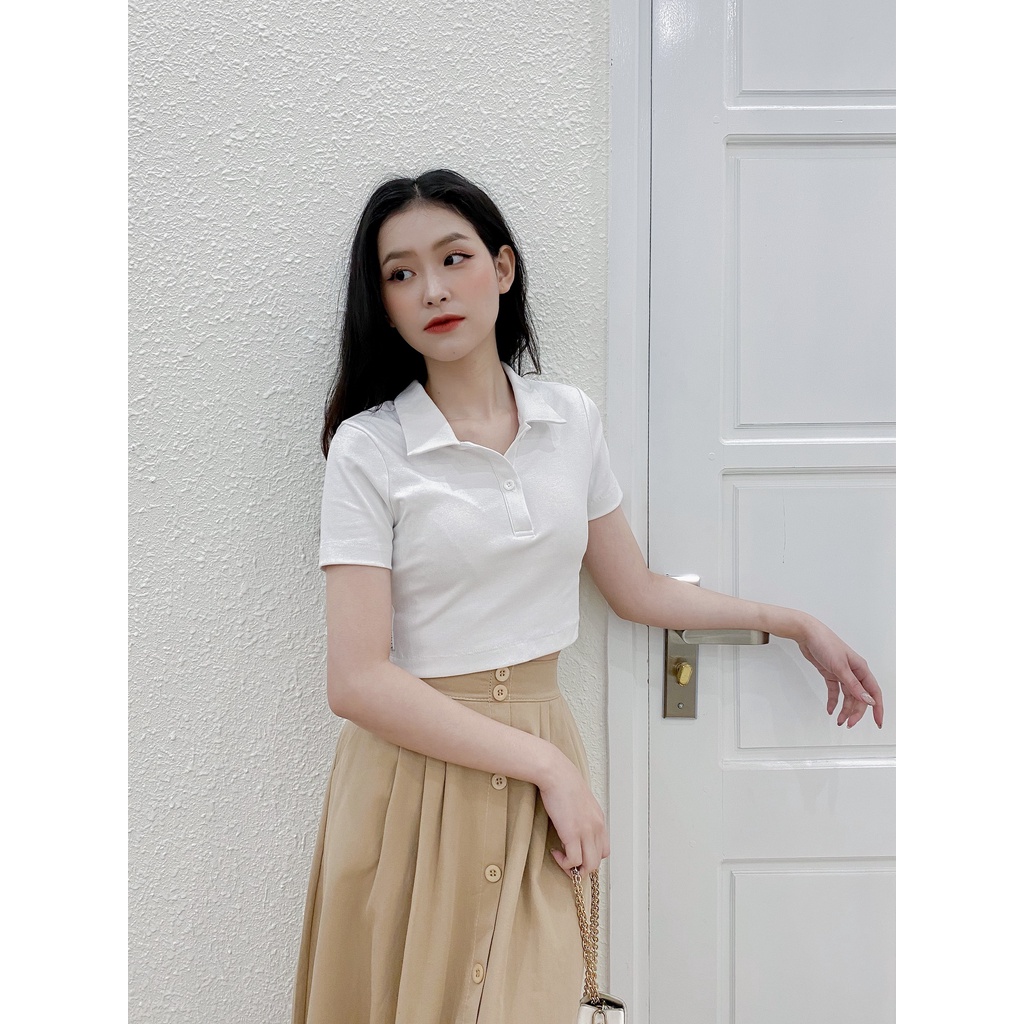 Áo phông croptop chất cotton thiết kế by LYRA, thun polo basic cổ bẻ dáng ôm trơn xinh xắn-LWBAP025