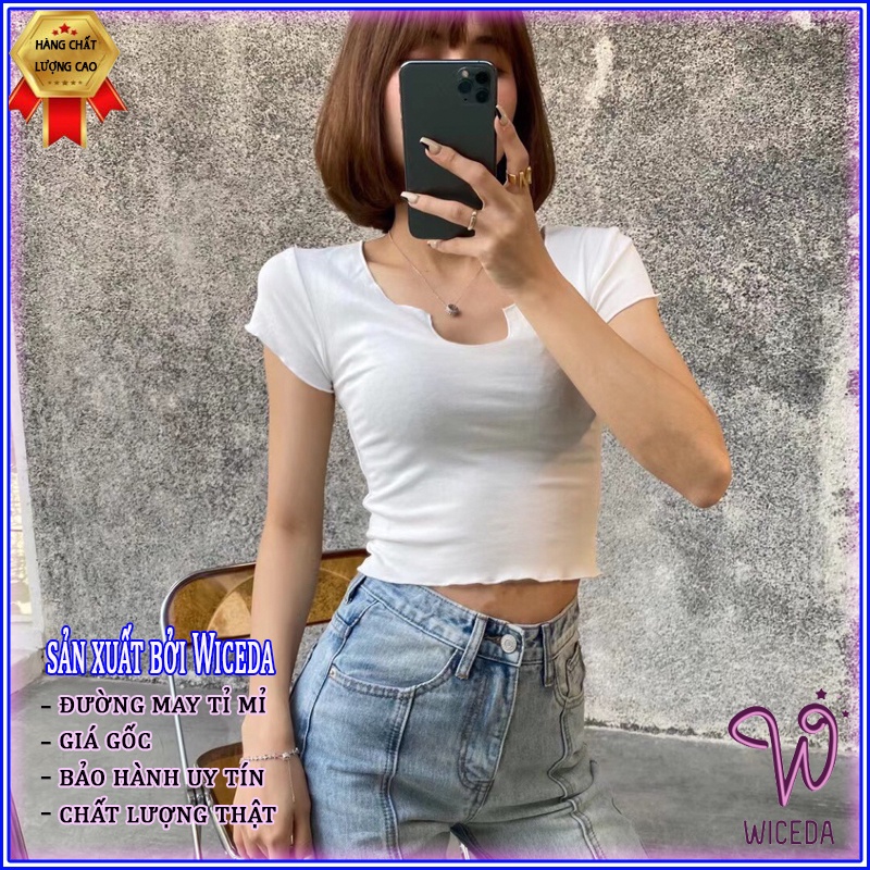 Áo croptop tay ngắn xinh ôm body , áo thun kiểu cộc tay nữ chất cotton mềm mịn 2 màu đen trắng Wiceda CT254