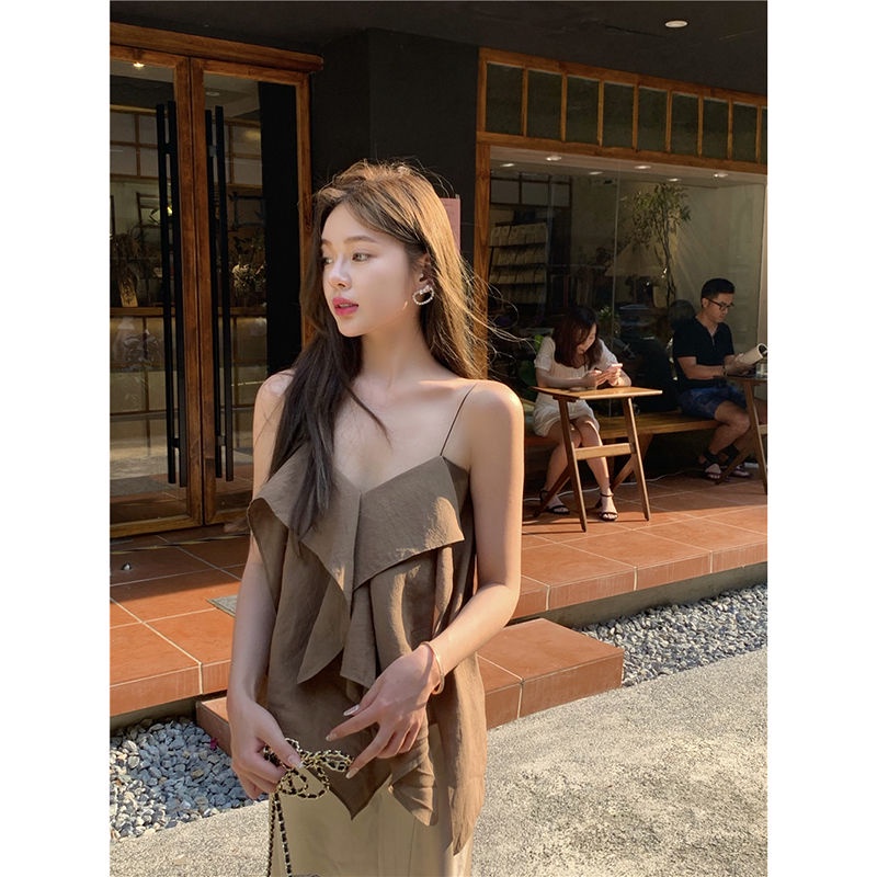 Set Áo Hai Dây Phối Bèo Nhún Và Chân Váy Xẻ Tà Thời Trang Mùa Hè Mới Cho Nữ