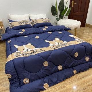 Trọn Bộ Chăn Phao 5 Món Ga Gối Poly loại 1 Chăn Bông Như Hình [Loại Bông Dày] ( mẫu chó cheefull)